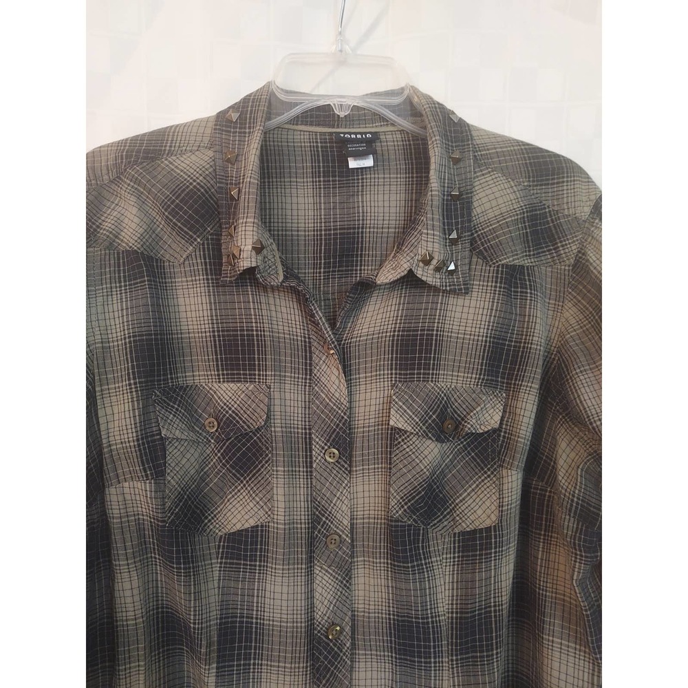 Torrid Plaid Button-Up Shirt with Studded Collar - Brown/Black